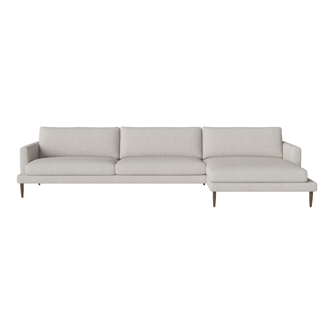 Light gray modern sectional sofa with clean lines and a minimalist design, featuring plush cushions and smooth fabric.