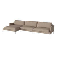 Beige sectional sofa with a sleek, modern design and smooth fabric upholstery, featuring clean lines and minimalist style.