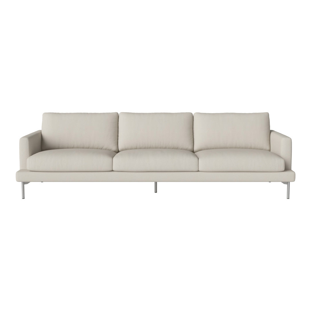 Light beige modern sofa with clean lines and smooth fabric, featuring three plush cushions and metallic legs.