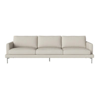 Light beige modern sofa with clean lines and smooth fabric, featuring three plush cushions and metallic legs.