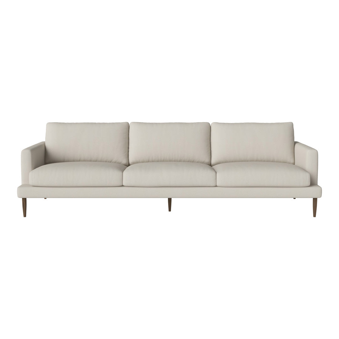 Light beige sofa with a smooth texture, featuring a minimalist design and matching wooden legs. Perfect for modern decor.