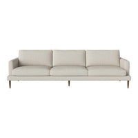 Light beige sofa with a smooth texture, featuring a minimalist design and matching wooden legs. Perfect for modern decor.