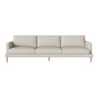 Light beige sofa with a smooth texture and minimalist design, featuring three plush cushions and natural wood legs.