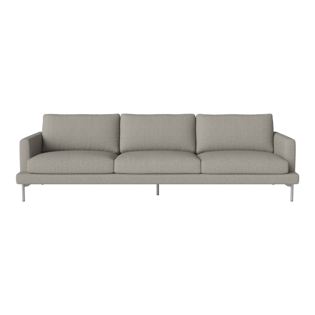 Light grey upholstered sofa with a smooth texture and clean lines, featuring three plush seats and metal legs.