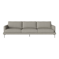 Light grey upholstered sofa with a smooth texture and clean lines, featuring three plush seats and metal legs.