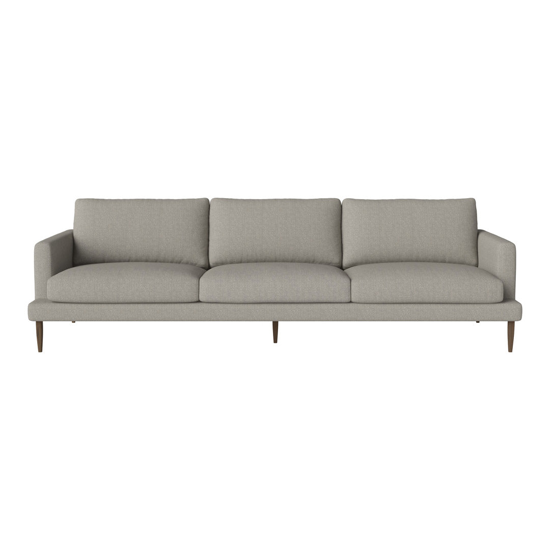 Modern light gray sofa with a minimalist design and clean lines, featuring soft fabric upholstery and wooden legs.