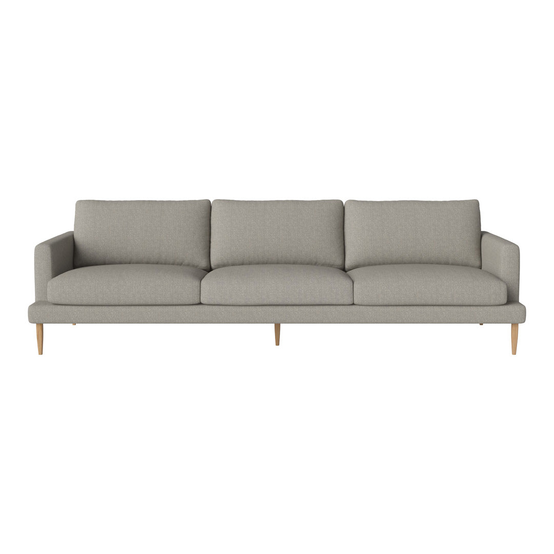 Light gray fabric sofa with a clean, modern design and smooth, minimalist lines. Natural wood legs for added warmth.