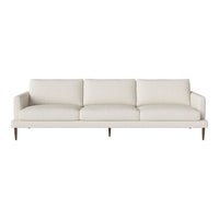 Cream upholstered sofa with simple, modern lines and light wooden legs. Perfect for minimalist decor.