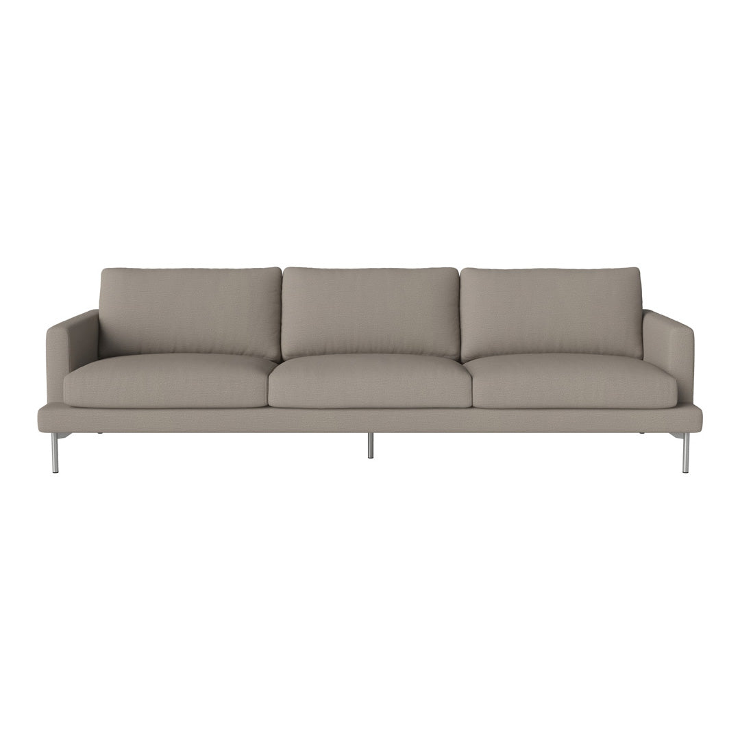 Sleek, modern beige sofa with clean lines and smooth upholstery, featuring minimalistic design and silver legs.