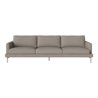 Sleek, modern beige sofa with clean lines and smooth upholstery, featuring minimalistic design and silver legs.