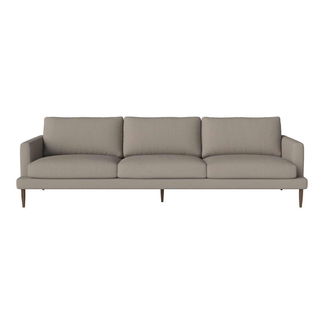 Light gray sofa with clean lines and minimalist design, featuring a solid fabric upholstery and wooden legs.
