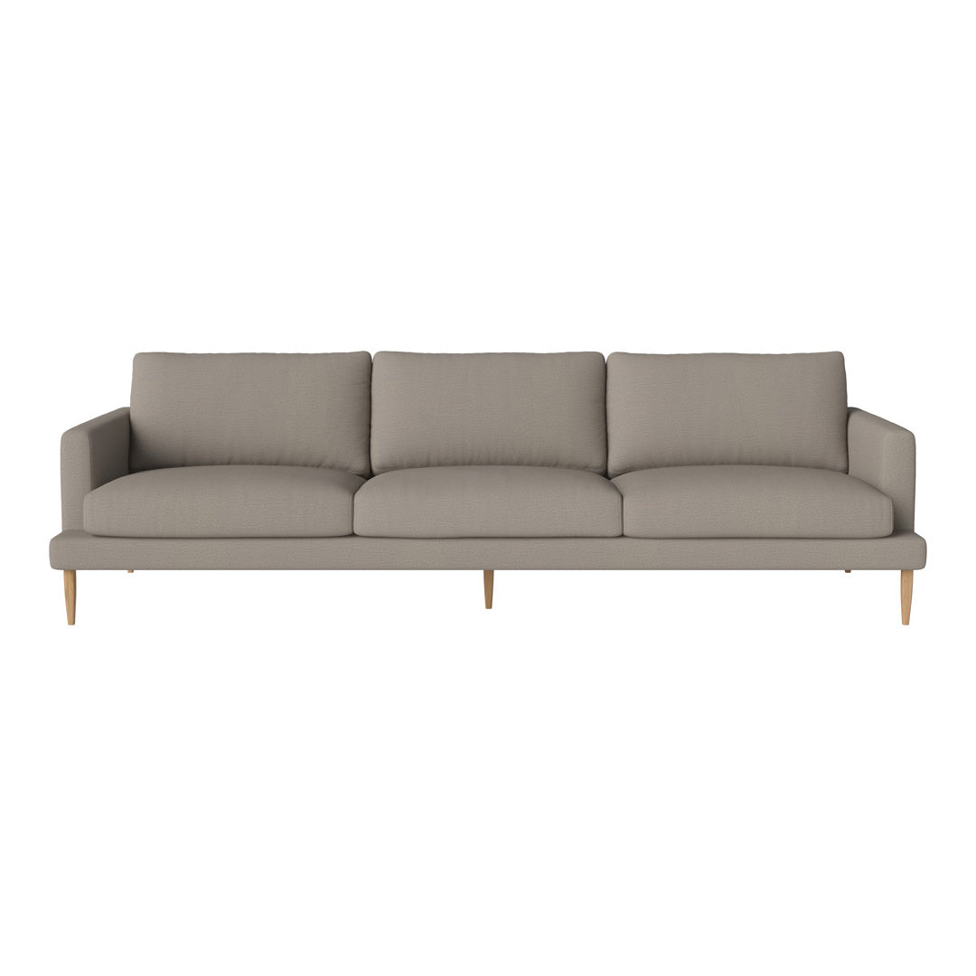 Light gray upholstered sofa with a minimalist design and solid wood legs. Ideal for modern living spaces.
