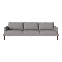 Gray upholstered sofa with clean lines and subtle texture, featuring three plush cushions and sleek wooden legs.