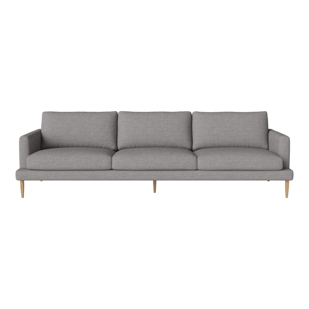 Gray fabric three-seater sofa with clean lines and light wooden legs, perfect for modern interiors.