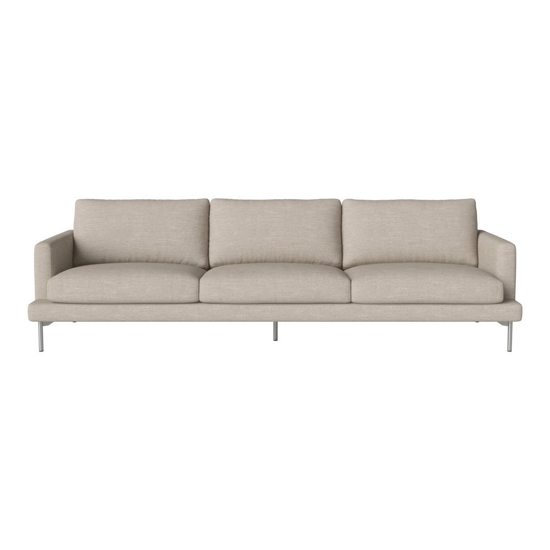 Light beige sofa with a minimalist design, featuring solid cushions and sleek silver legs, perfect for modern decor.