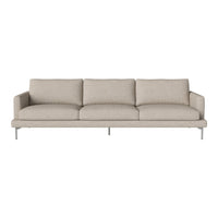 Light beige sofa with a minimalist design, featuring solid cushions and sleek silver legs, perfect for modern decor.