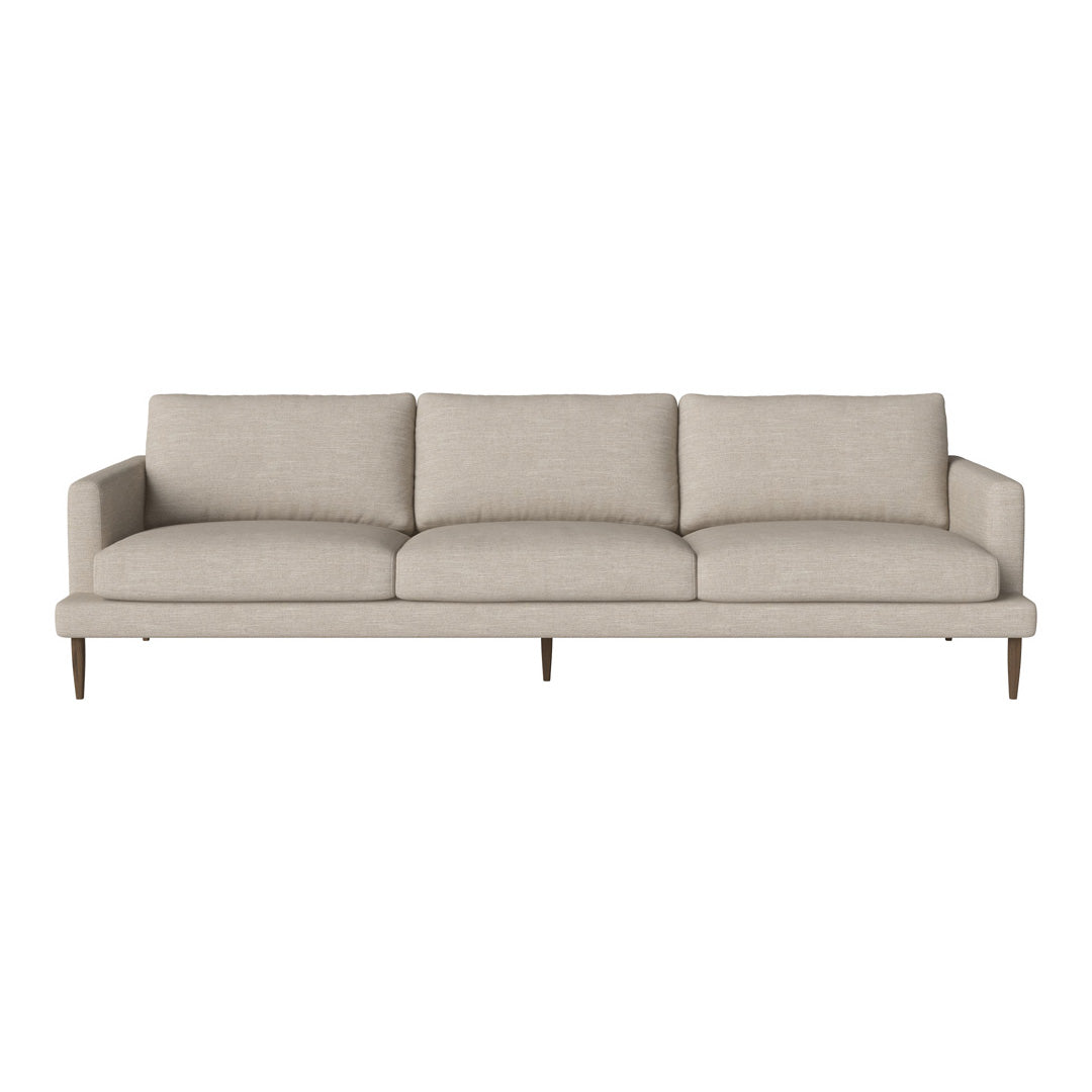 Light beige sofa with smooth, minimalist upholstery and wooden legs, ideal for modern living spaces.