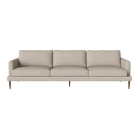 Light beige sofa with smooth, minimalist upholstery and wooden legs, ideal for modern living spaces.