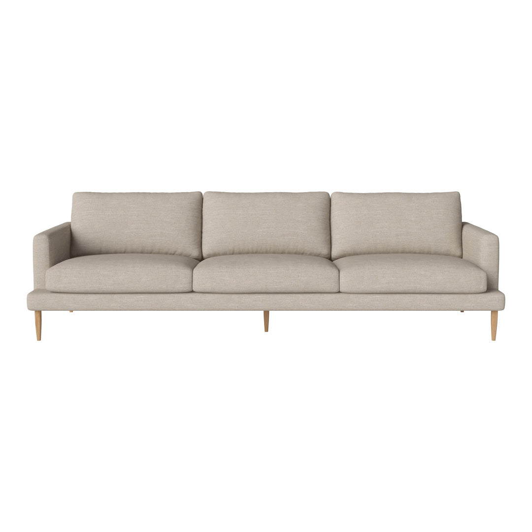 Light beige sofa with a smooth texture and minimalist design, featuring wooden legs and no visible patterns.