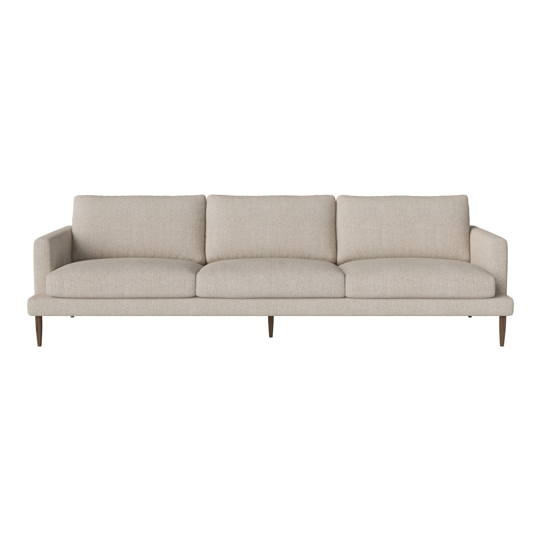 Light beige sofa with a smooth fabric texture and minimalist design, featuring three cushioned seats and wooden legs.