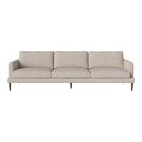Light beige sofa with a smooth fabric texture and minimalist design, featuring three cushioned seats and wooden legs.