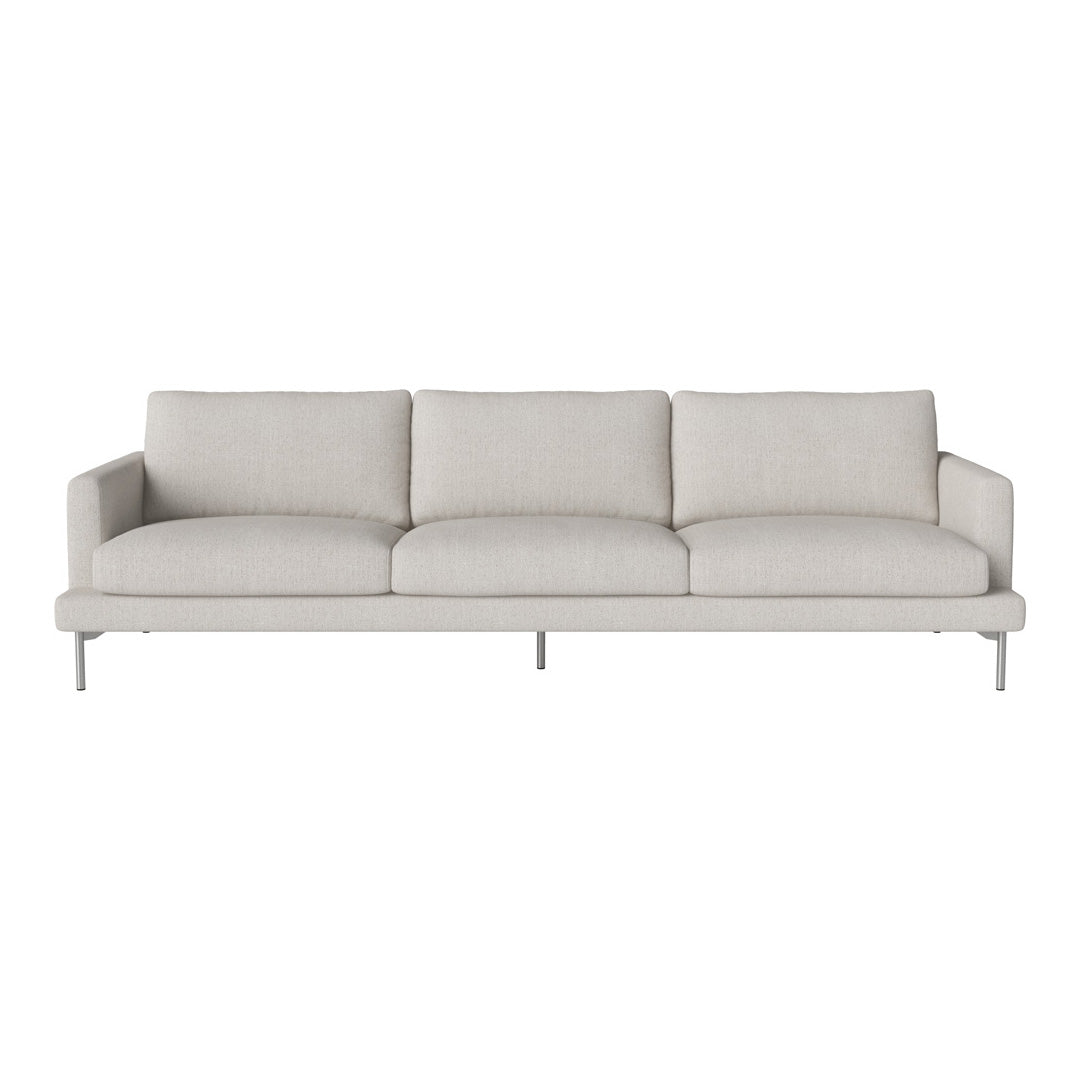 Light gray modern sofa with clean lines and soft fabric, featuring a minimalist design and silver legs.