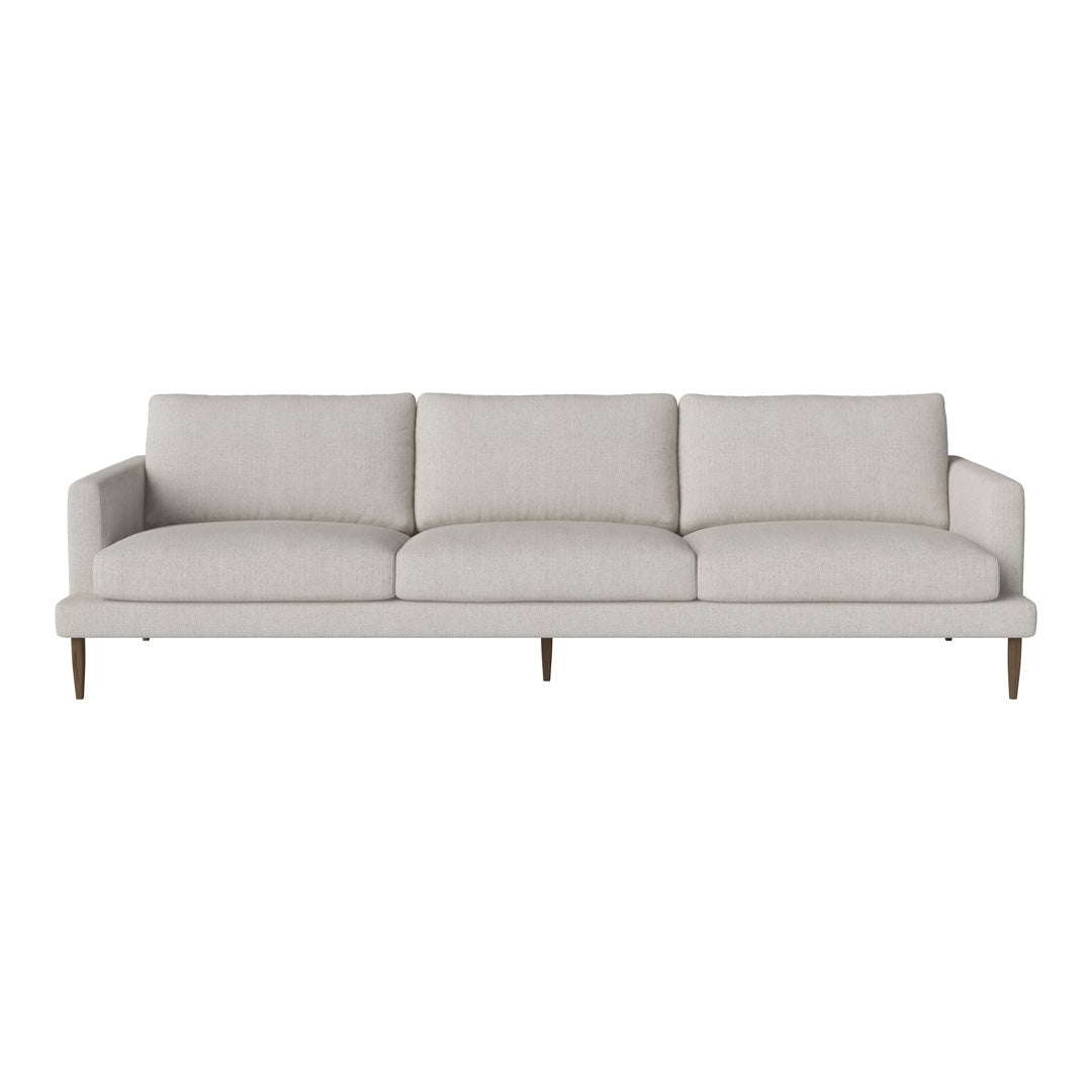 Light gray upholstered sofa with clean lines and subtle texture, featuring wooden legs for a modern touch.
