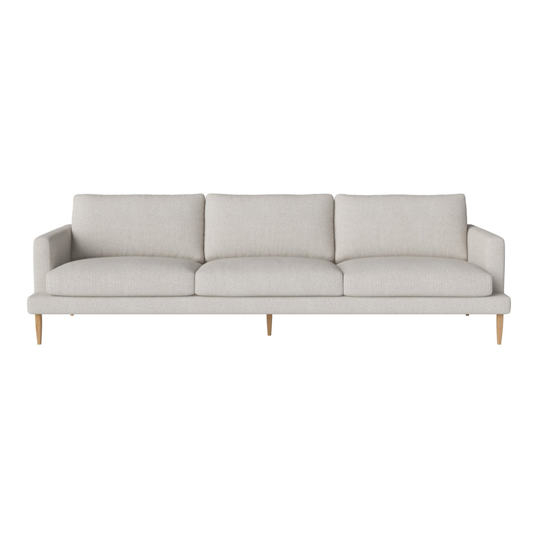 Light gray sofa with a minimalist design and wooden legs, featuring a smooth, textured fabric. Perfect for modern decor.