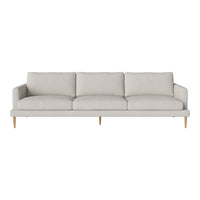 Light gray sofa with a minimalist design and wooden legs, featuring a smooth, textured fabric. Perfect for modern decor.