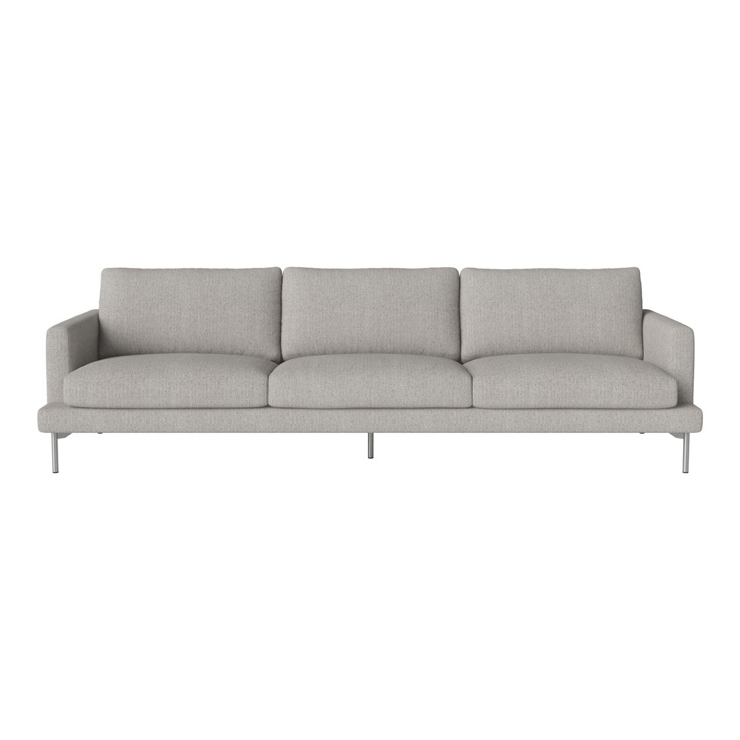 Grey three-seat sofa with a modern, minimalist design and sleek silver legs. Perfect for contemporary living spaces.