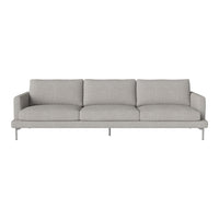Grey three-seat sofa with a modern, minimalist design and sleek silver legs. Perfect for contemporary living spaces.