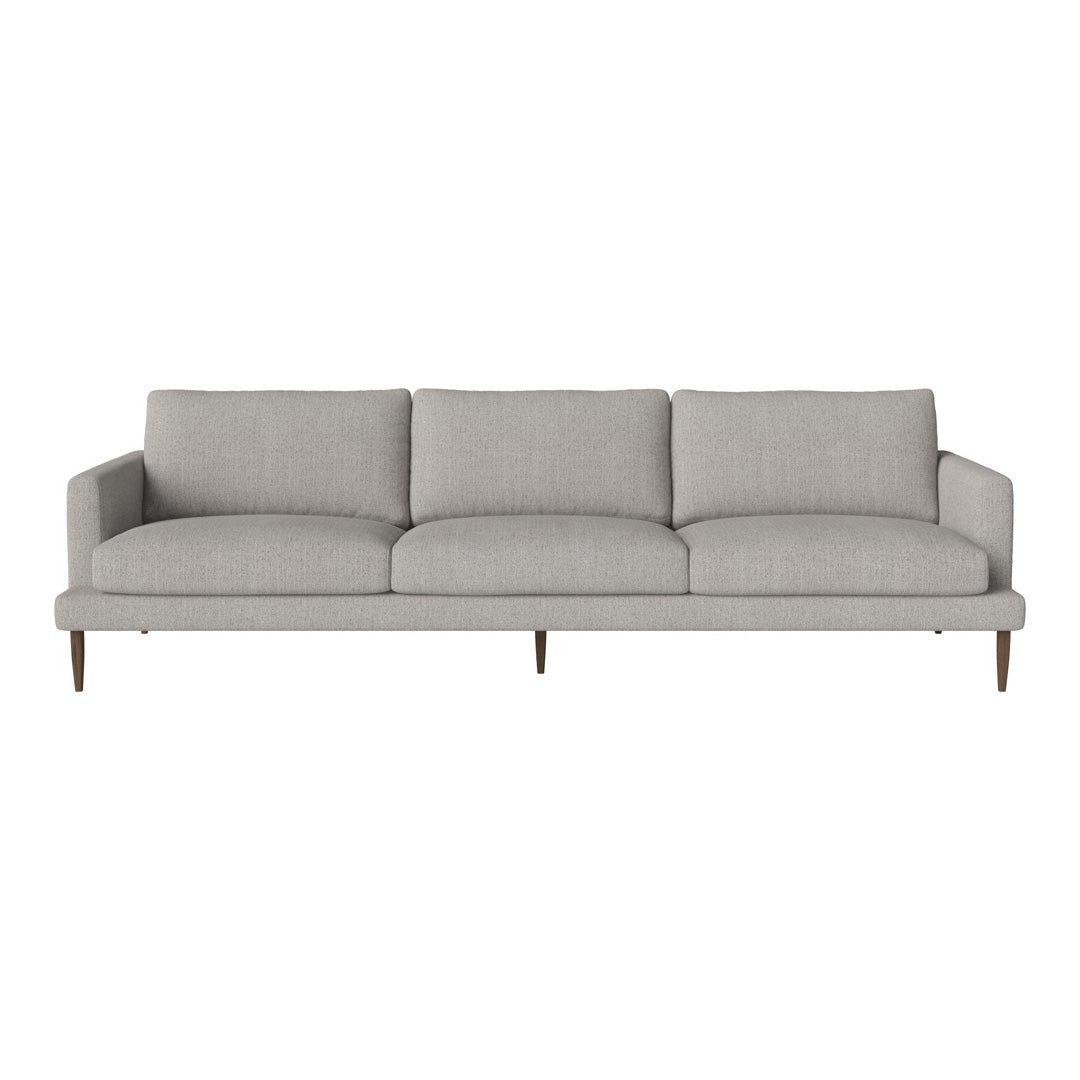 Light gray three-seater sofa with smooth fabric and minimalist design, featuring tapered wooden legs.