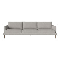 Light gray three-seater sofa with smooth fabric and minimalist design, featuring tapered wooden legs.