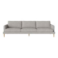 Light gray upholstered sofa with clean lines and subtle texture, featuring natural wood legs for a modern touch.