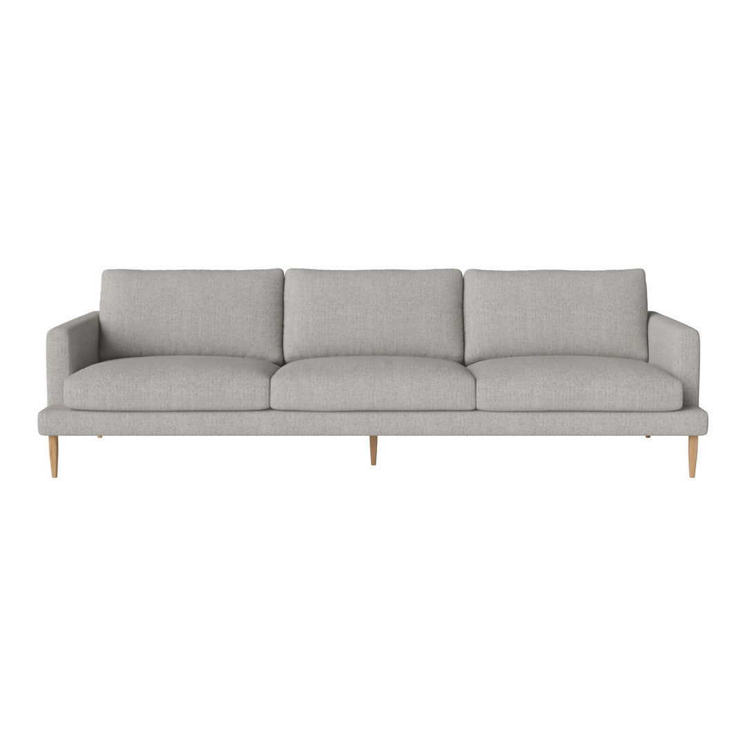 Light gray upholstered sofa with clean lines and subtle texture, featuring natural wood legs for a modern touch.