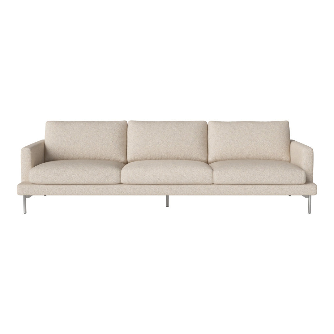 Beige upholstered sofa with a smooth texture and minimalist design, featuring three cushioned seats and sleek metal legs.