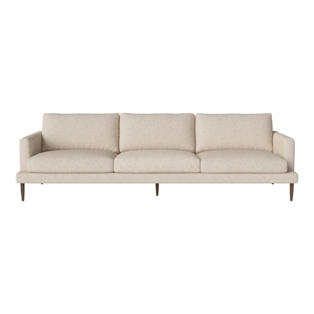 Beige modern sofa with plush cushions and minimalist design, featuring a smooth textile finish and natural wood legs.
