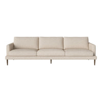 Beige modern sofa with plush cushions and minimalist design, featuring a smooth textile finish and natural wood legs.