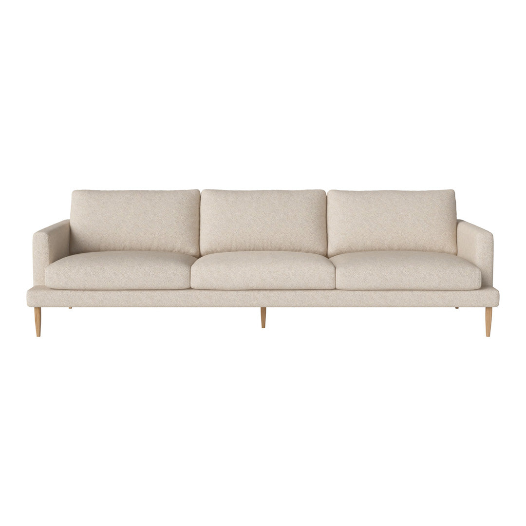 Light beige sofa with a smooth texture and simple, contemporary design, featuring clean lines and natural wood legs.