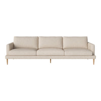 Light beige sofa with a smooth texture and simple, contemporary design, featuring clean lines and natural wood legs.