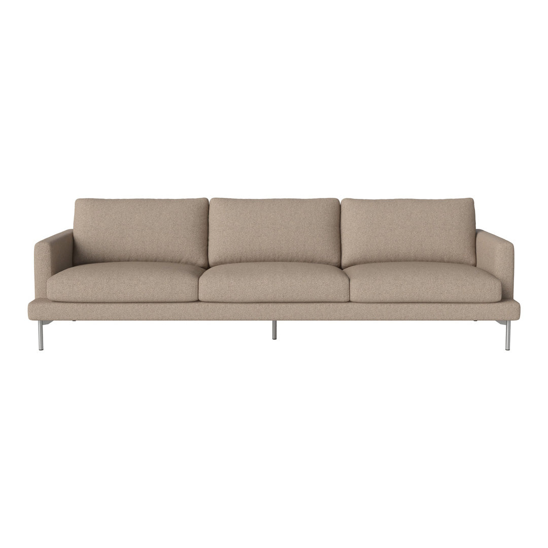 Beige three-seater sofa with a smooth texture and minimalist design, featuring subtle stitching and a contemporary look.