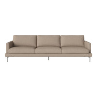 Beige three-seater sofa with a smooth texture and minimalist design, featuring subtle stitching and a contemporary look.