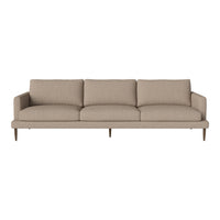 Beige upholstered sofa with clean lines and subtle texture, featuring three spacious cushions and wooden legs.