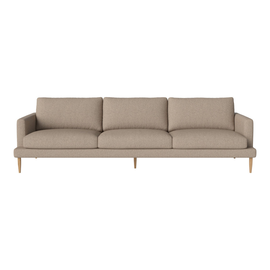 Light beige sofa with a smooth fabric texture and minimalist design, featuring three plush cushions and wooden legs.