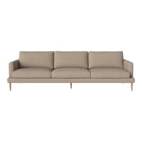 Light beige sofa with a smooth fabric texture and minimalist design, featuring three plush cushions and wooden legs.