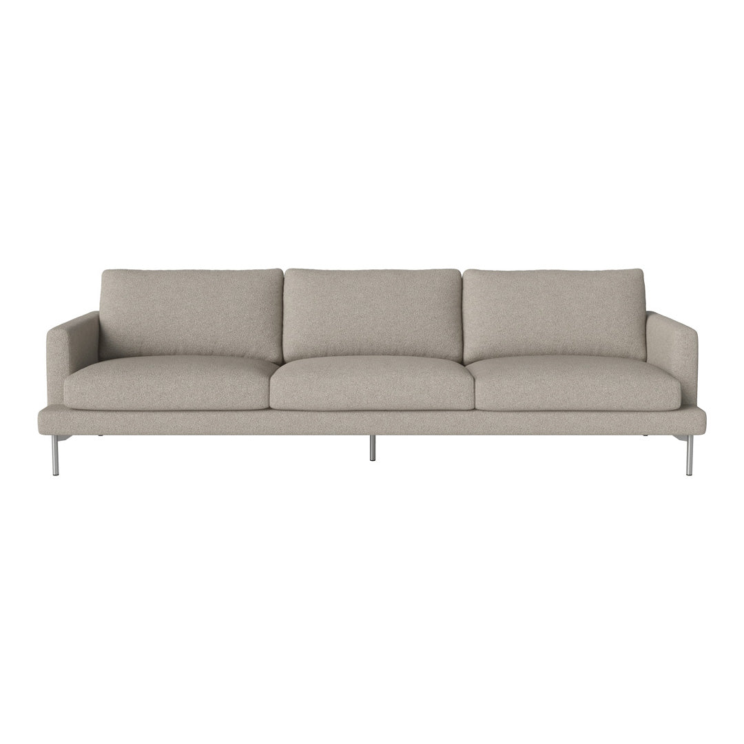 Light beige modern sofa with clean lines and textured upholstery, featuring plush cushions and sleek silver legs.