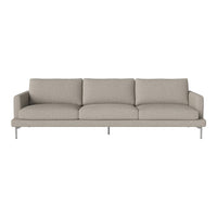 Light beige modern sofa with clean lines and textured upholstery, featuring plush cushions and sleek silver legs.