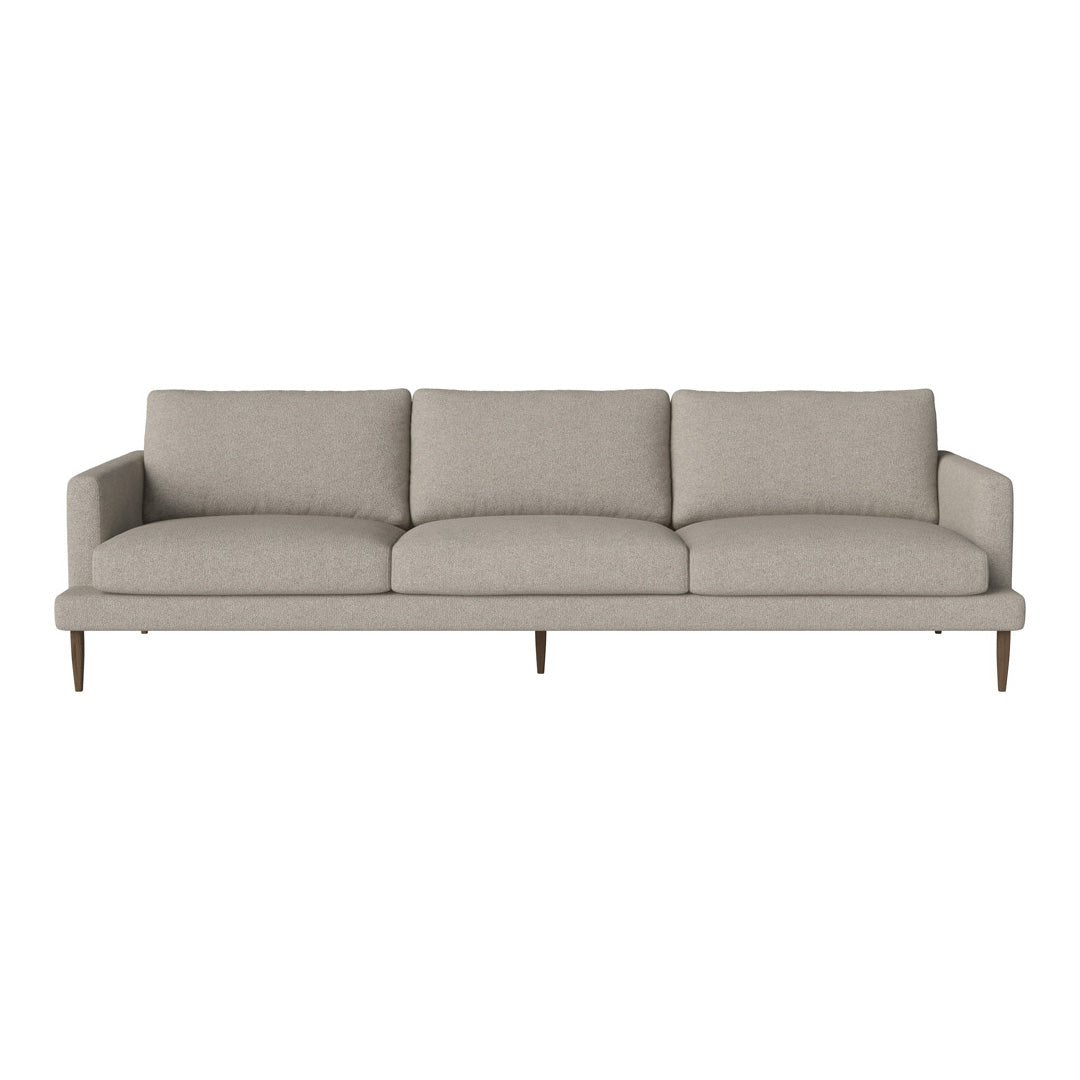 Light gray modern sofa with clean lines and subtle texture, featuring three plush cushions and wooden legs.