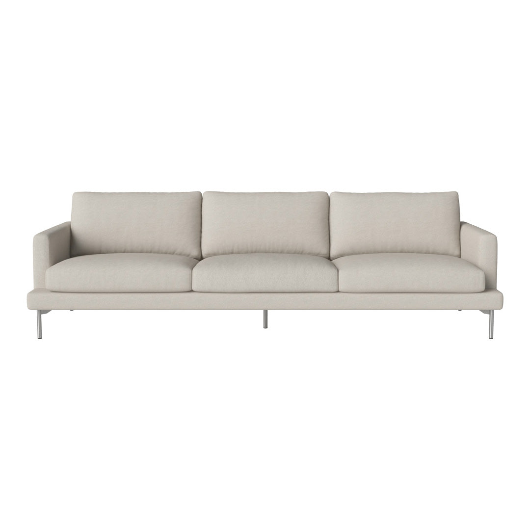 Modern beige sofa with a minimalist design, featuring solid cushions and sleek silver legs. Perfect for any decor.