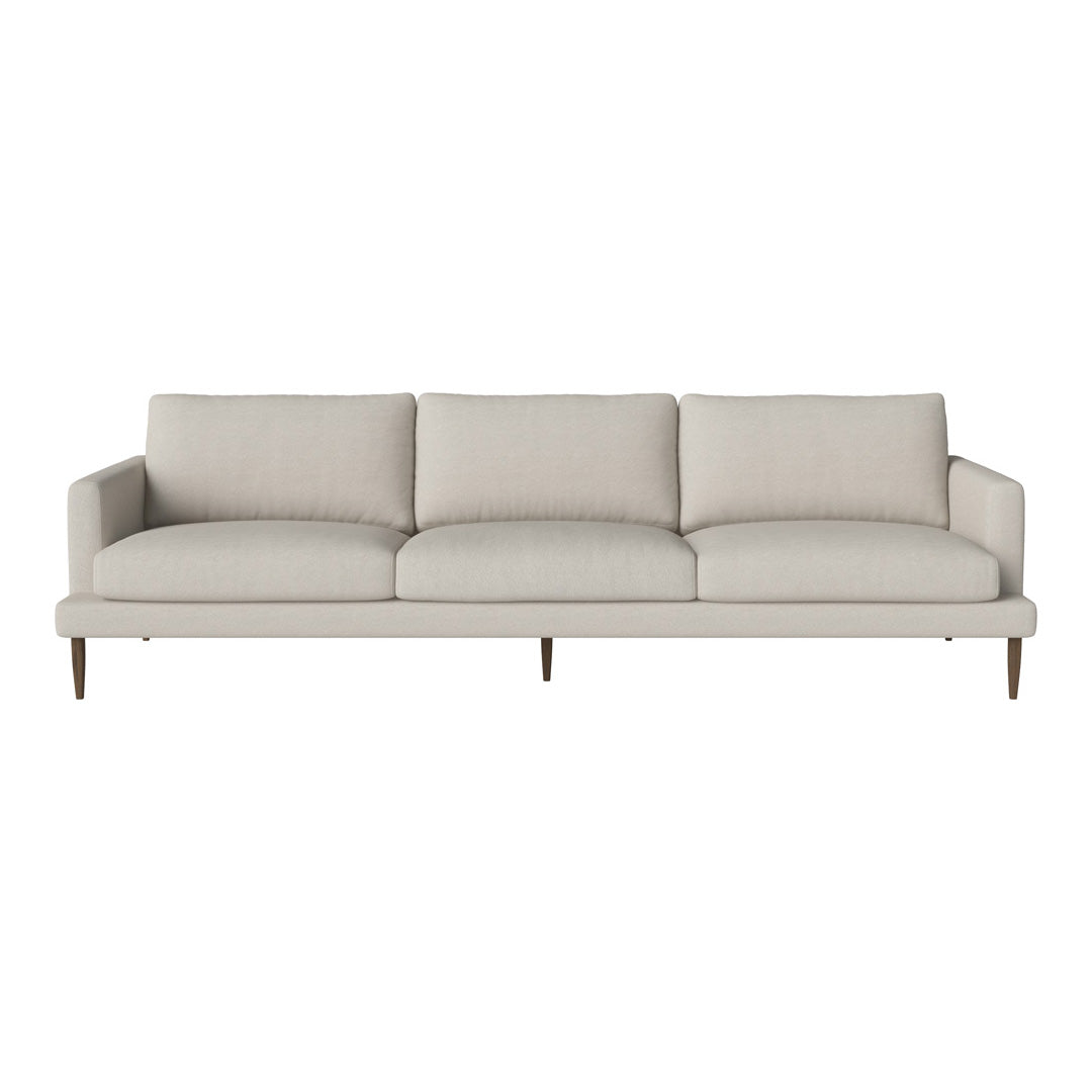 Light beige fabric sofa with clean lines and solid wood legs, featuring a minimalist, modern design.